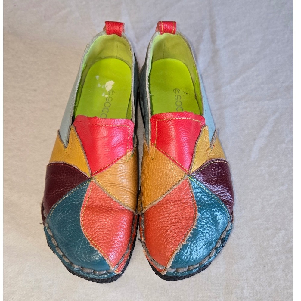 Socofy Multicolored Patchwork Leather Loafers Bohemian Slip On Flats Size 245